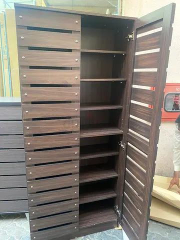 Tall Wooden Shoe Cabinet with Slatted Doors - Dark Brown