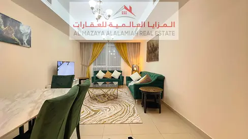 A fully furnished one-bedroom apartment with a lounge in Al Khan for monthly rent with internet