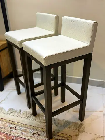 Italian Leather Pair of Modern Bar Stools with White Padded Seats