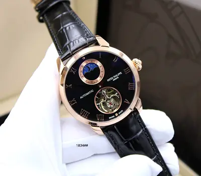 Patek Philippe style automatic moonphase tourbillon wristwatch - black dial, rose gold case