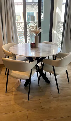 Round Marble Dining Table with 4 Cream Upholstered Chairs