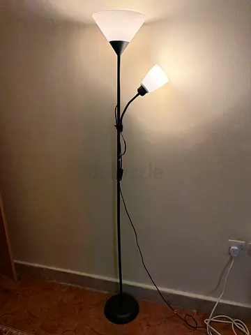 Black dual-head floor lamp with torchiere and reading light