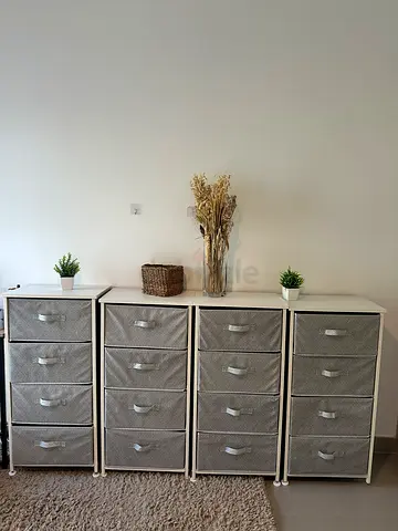 Set of 4 White Frame Storage Drawers with Fabric Bins - Good Condition