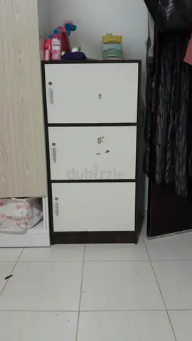 Three-door childrens wardrobe with storage - dark wood  white