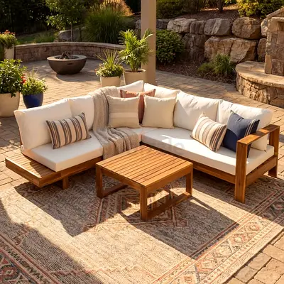 Outdoor Wooden L-shaped Sofa Set with Cushions and Coffee Table