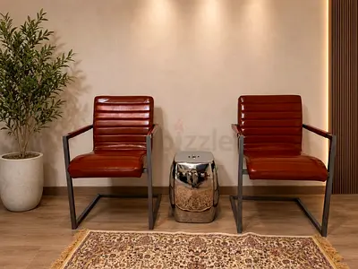 Two Brown Pure Leather Armchairs with Metal Frames