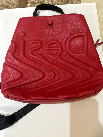 Red Designer Textured Leather Backpack - Good Condition
