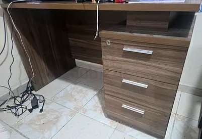 Wooden Office Study Desk with Lockable 3-Drawer Pedestal, Chair, and two-5 drawers chest of drawers.