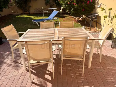Outdoor patio dining set - table + 6 chairs (beige) - good condition