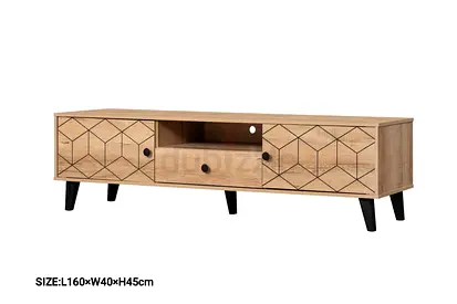 Low Wooden TV Stand / Media Console with Geometric Doors (L160 x W40 x H45 cm)