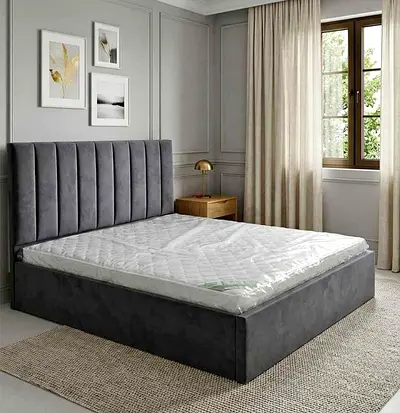 Modern Gray Velvet Bed Frame with Vertical Paneled Headboard
