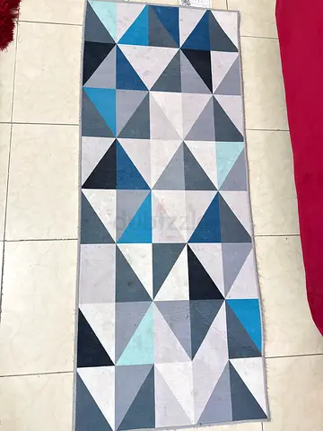 Modern Geometric Runner Rug with Blue and Grey Triangles