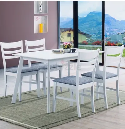 White 4-Seater Dining Table Set with Grey Cushioned Chairs
