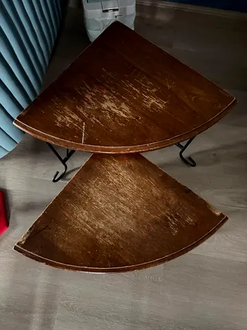 Pair of vintage semi-circle wooden side tables — needs refinishing