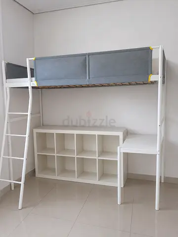 White Loft Bed with Desk and Storage Shelves included Kallax - Good Condition