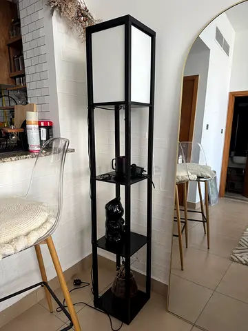 Floor lamp Tall black wooden lamp with shelves