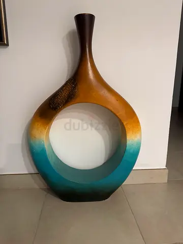 Decorative wooden hoop vase / wall sculpture - teal  brown 90mcg 56cm