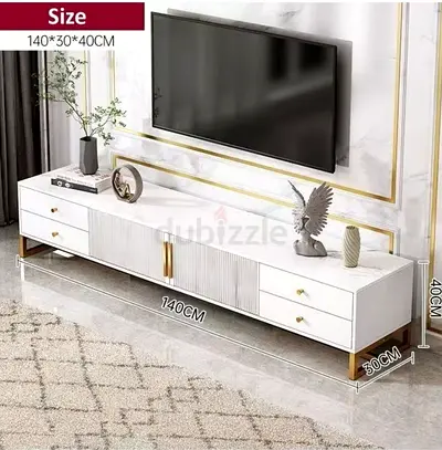 TV UNIT, White Marble-Top TV Cabinet / Entertainment Unit - 140cm