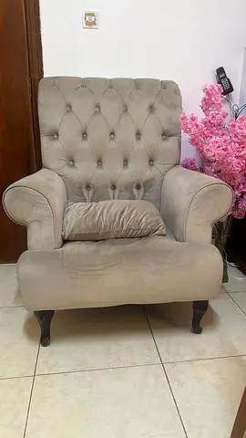 Beige Tufted Accent Armchair and sofa 4 seater wooden ...quality material in mint condition.