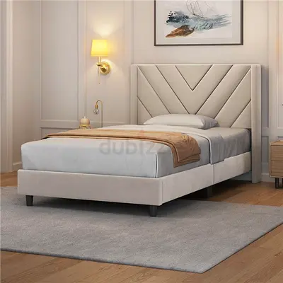 Single upholstered King Size bed with quilted headboard - light grey