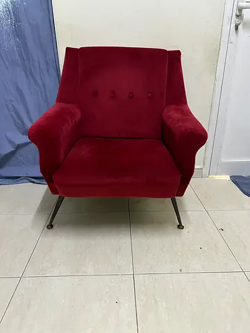 Red Velvet Armchair with Metal Legs - Good Condition