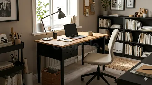 Wood and Black Home Office Desk with Drawers