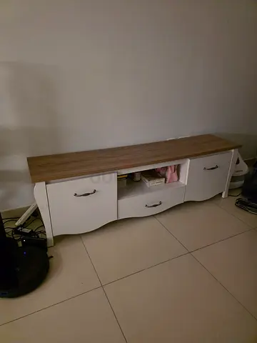 Low TV Unit / Console Table - White with Wood Top, Good Condition
