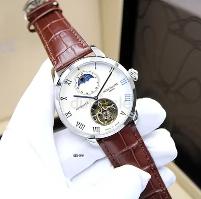 Patek Automatic Moonphase Tourbillon-Style Mens Leather Watch - Silver Dial, Brown Strap