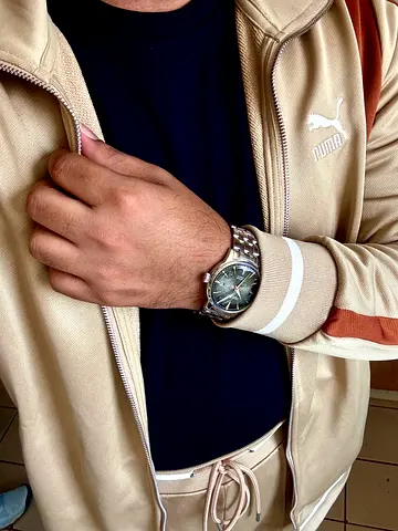 Mens stainless steel automatic watch with black dial — gently
