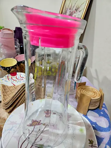 Glass Water Pitcher with Pink Silicone Lid - Good Condition