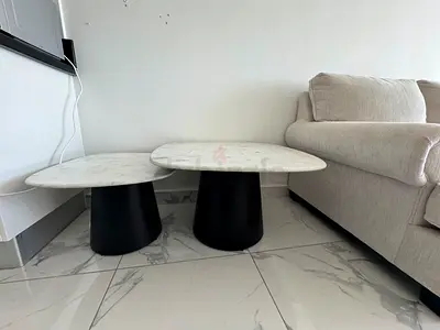 Pair of Modern Marble Top Coffee Tables with Black Bases