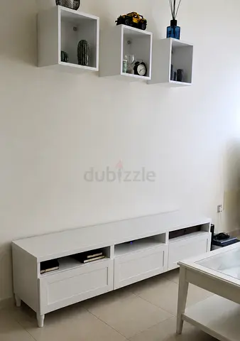 White Low TV Unit with Three Drawers and Open Shelves