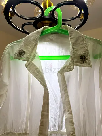 Mango White Sheer Long Button-Up Shirt with Embellished Collar Size L