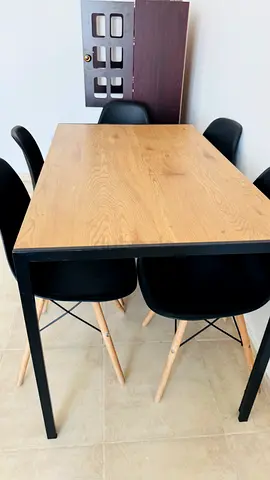 Wooden Dining Table with 5 Black Chairs - Modern Minimalist Set