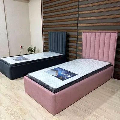 Single upholstered bed frame with mattress - pink