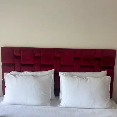 Red Velvet King Size Bed Frame with Headboard (Good Condition) with mattress