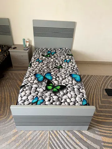 2 pcs Single Bed with Headboard and Mattress - Modern Grey