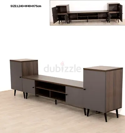 Modern Low TV Entertainment Unit with Side Cabinets - L240 x W40 x H75 cm