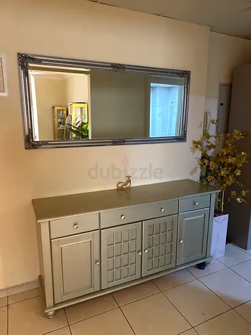 Modern Gray Sideboard Cabinet with Ornate Silver Wall Mirror
