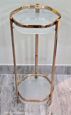 Two-tier gold metal and frosted glass side table / plant stand