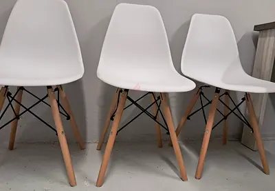 Set of 3 White Modern Dining Chairs with Wooden Legs