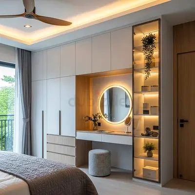 Modern built-in bedroom wardrobe with vanity and illuminated display unit