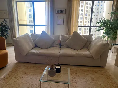 The Loom Collection: Super Comfortable 3-seater beige premium linen sofa with large cushions