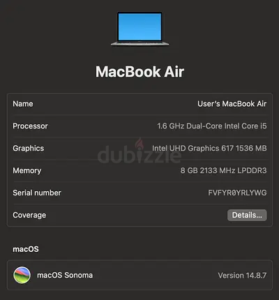 MacBook Air (Intel Core i5, 8GB RAM) - Good Condition 100% Health