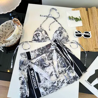 Dior Two-piece CHR-style black  white bikini set with matching skirt
