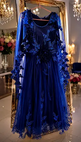 Navy Blue Embroidered Tulle Evening Dress with 3D Floral Details