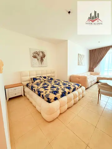 Sharjah, Al Khan, furnished studio apartment with hotel-style furnishings, first occupancy, spacious room, separate kitchen, bathroom, large window, s
