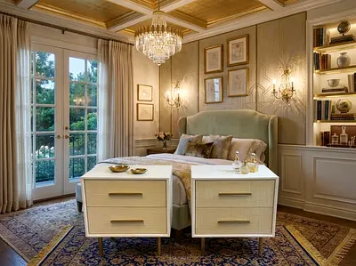 West Elm Pair of modern white and beige nightstands