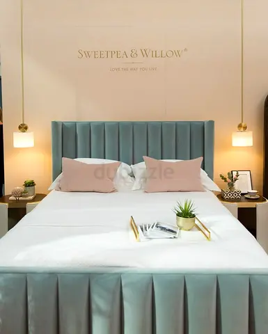 Velvet Upholstered King Size Bed with Padded Headboard