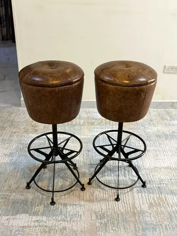 Pair of Vintage Style Brown Pure Leather Bar Stools